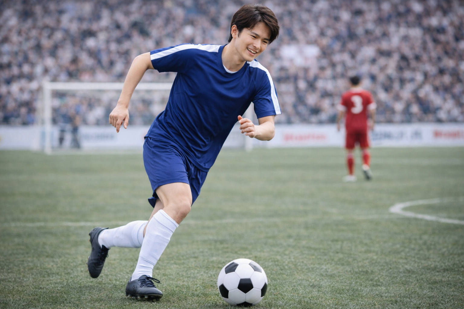 「サッカーの試合中にドリブルする青いユニフォームの男性選手」