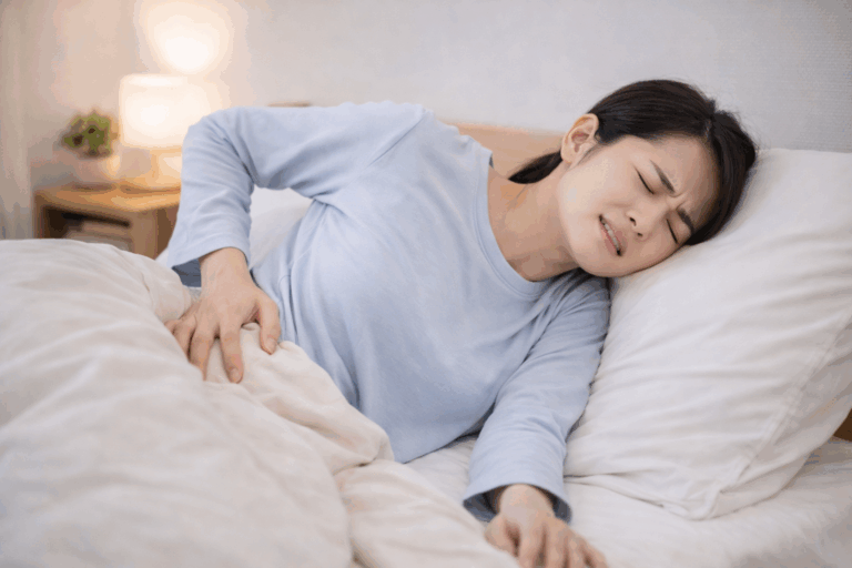 横向きに寝て腰に手を当てる女性のイメージ