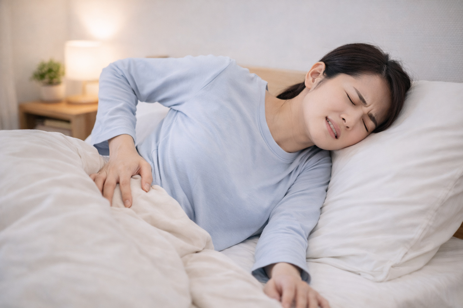 「ベッドで寝返りを打とうとする際に腰の痛みを感じている女性。筋緊張や慢性腰痛による睡眠中のつらさを表現したイメージ。」