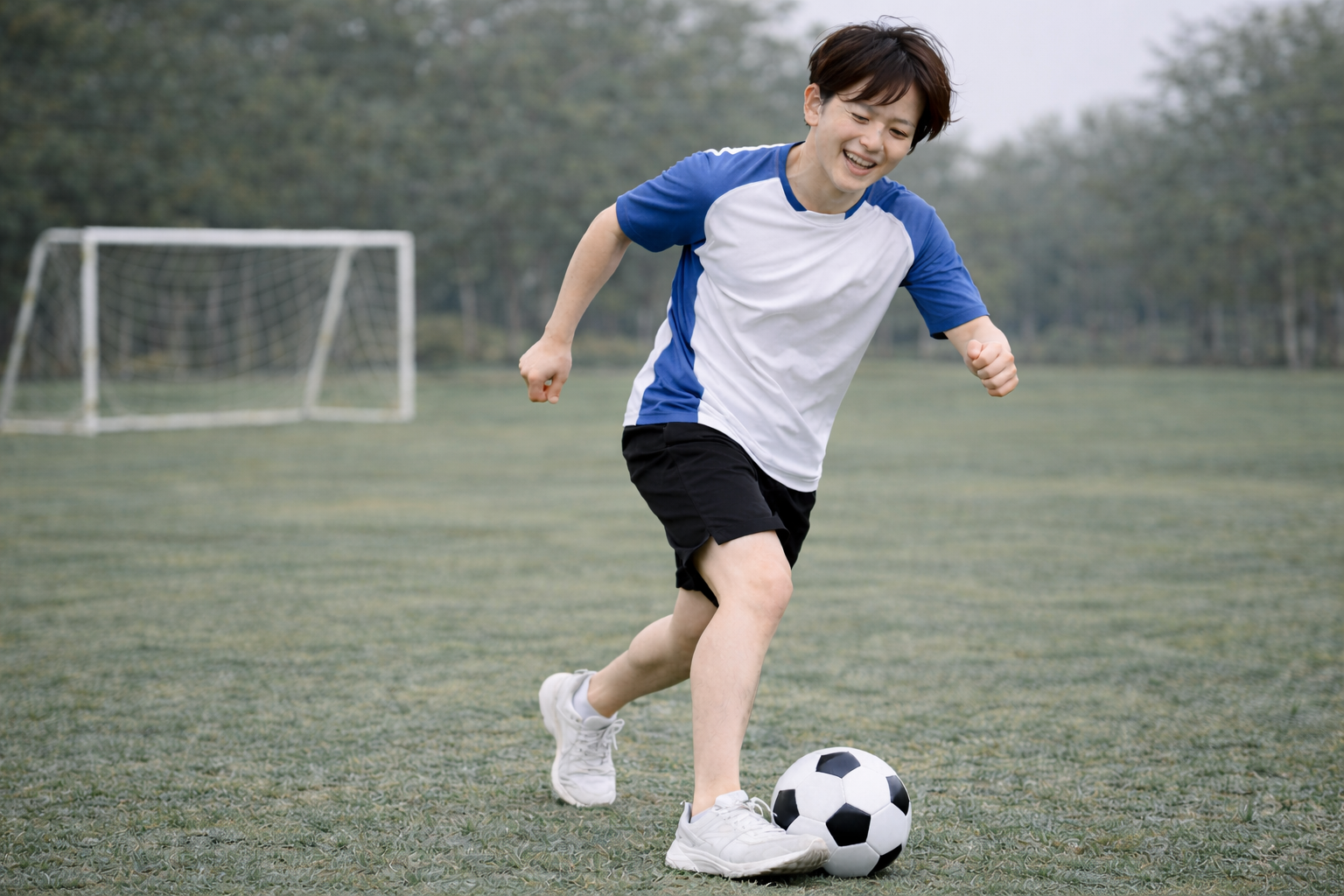 「サッカー場で楽しそうにボールを追いかける若い男性選手」