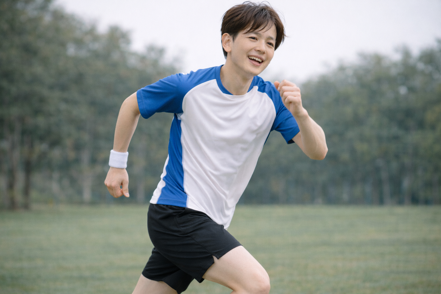 「グラウンドで笑顔で走る男性アスリート。ハムストリングス損傷から回復し元気に運動を再開している様子」