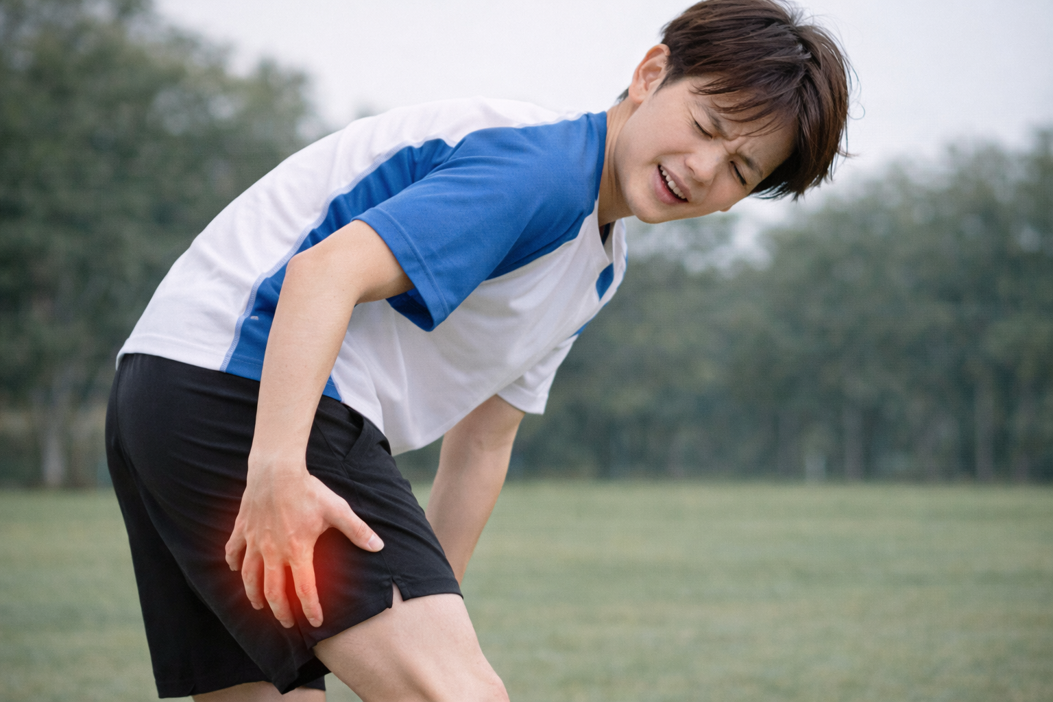 「スポーツ中に太もも裏を痛めた男性アスリート（ハムストリングス損傷・肉離れ」