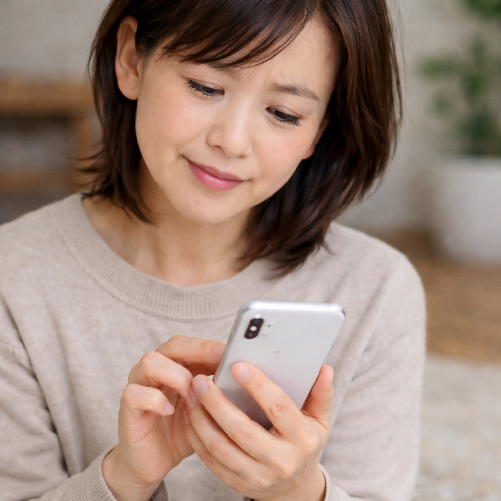 「スマートフォンを操作する中年女性。指先に違和感を感じつつも画面を見つめている様子。尺骨神経麻痺や手指のしびれの背景を想起させるシーン」