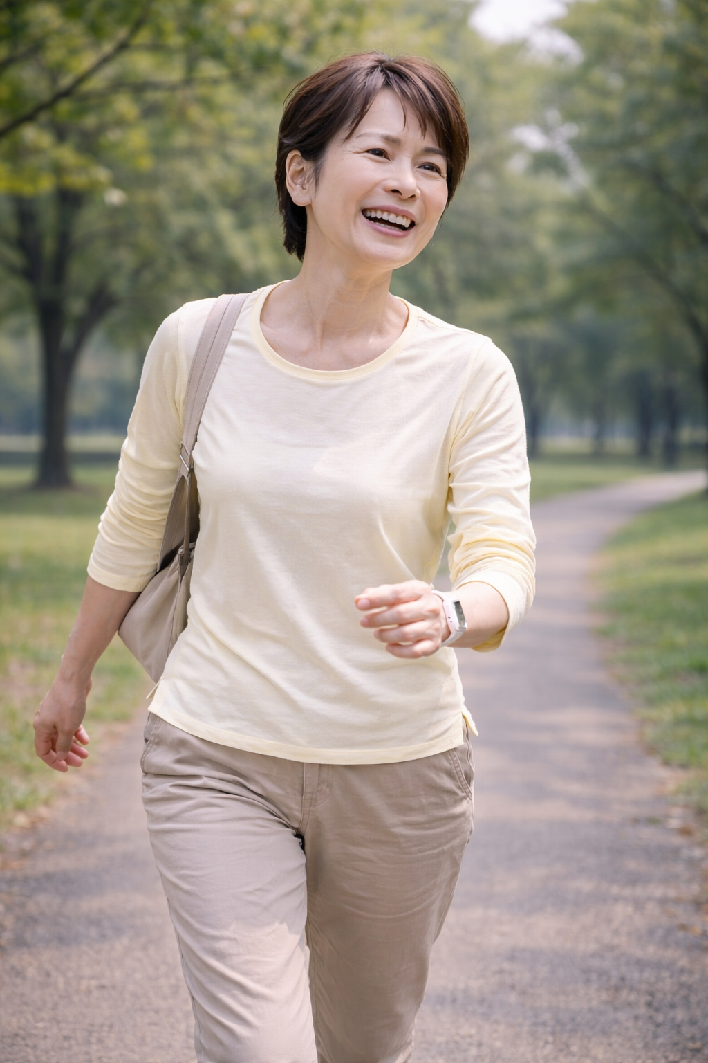 「公園の遊歩道を笑顔で歩く中年女性。膝の不調が改善し、快適に歩行できている様子。」