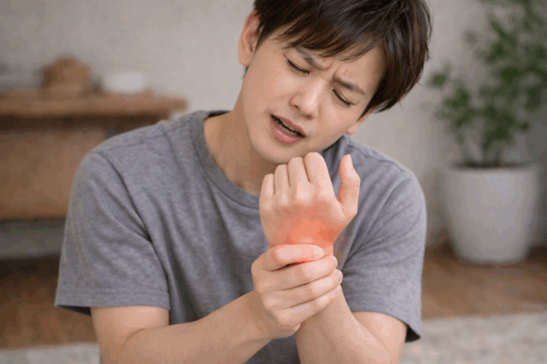 手首を押さえる男性