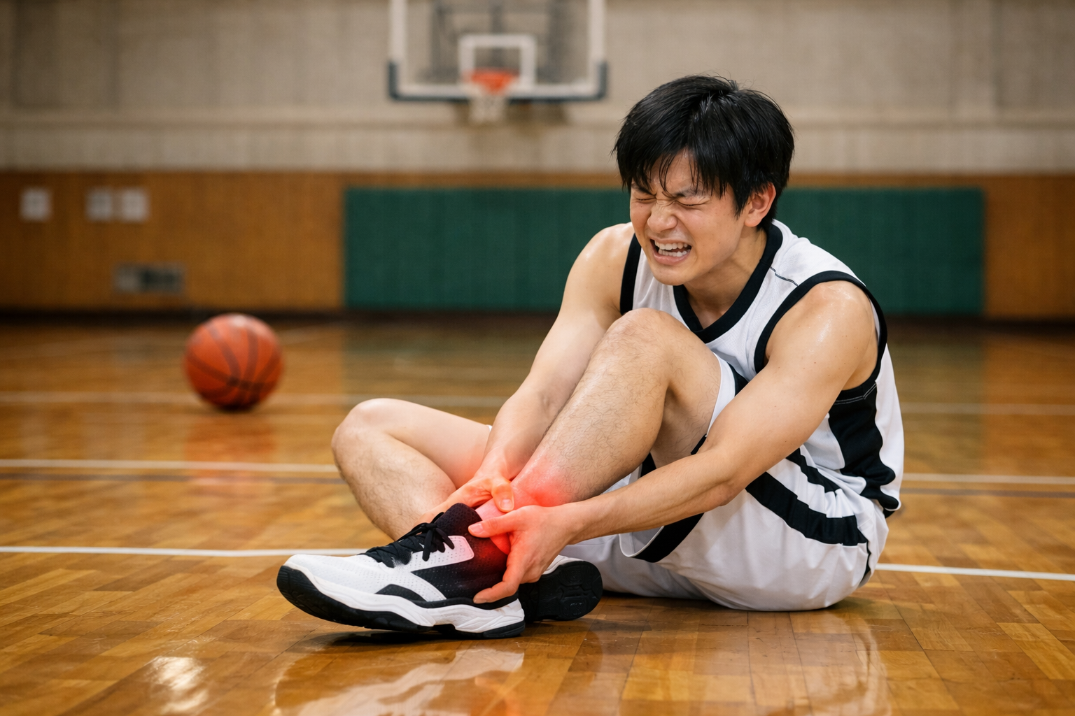 バスケットボールの試合中に足首を捻って座り込む男性選手。足関節に痛みを感じている様子で、足首を手で押さえて苦痛の表情を浮かべている。