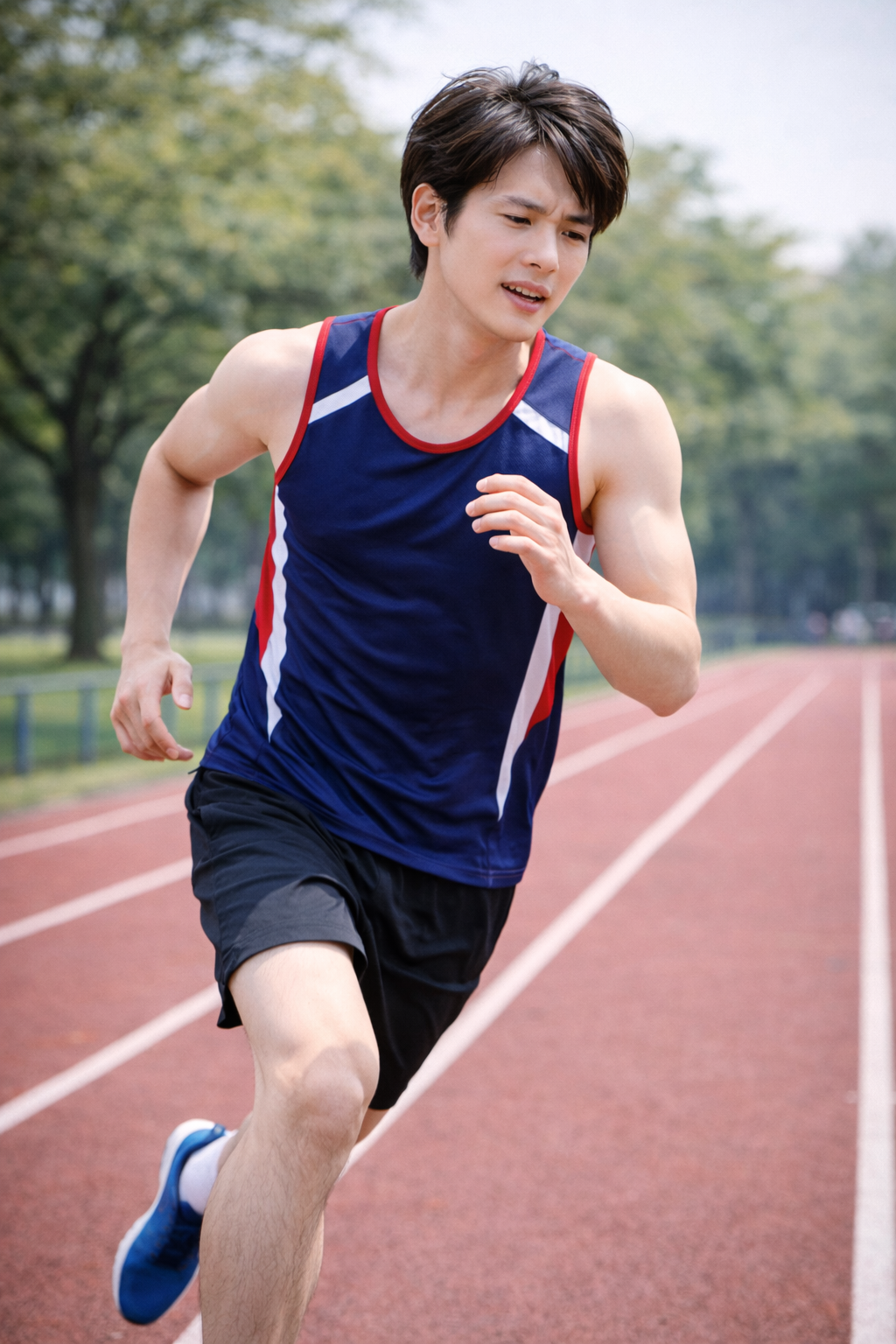 「陸上トラックを力強く走る男性ランナー。腸脛靭帯炎の改善後、競技に復帰したイメージシーン。」