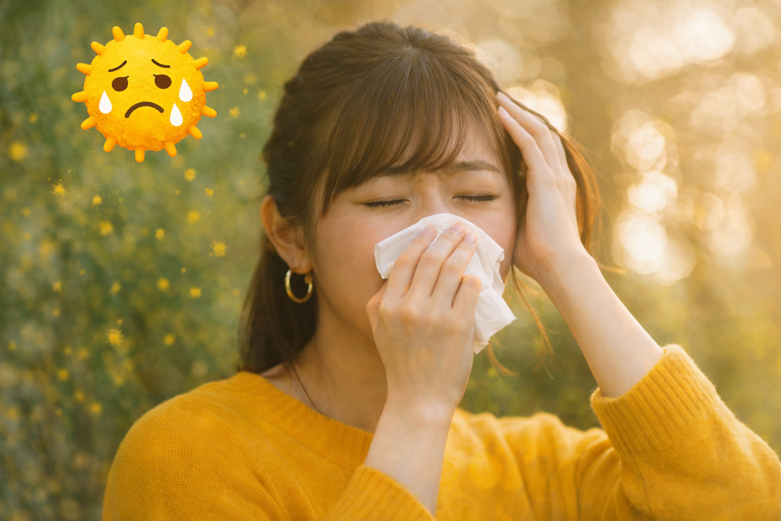 春の花粉が飛ぶ中、鼻水と頭痛に悩む女性。黄色いニットを着ており、肌荒れや不調が伝わる表情。 