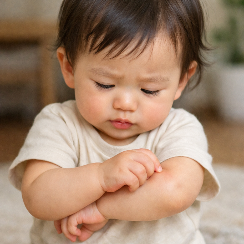 「肘を押さえて痛がるような表情を見せる乳幼児。肘内障（肘の亜脱臼）を疑わせる様子」