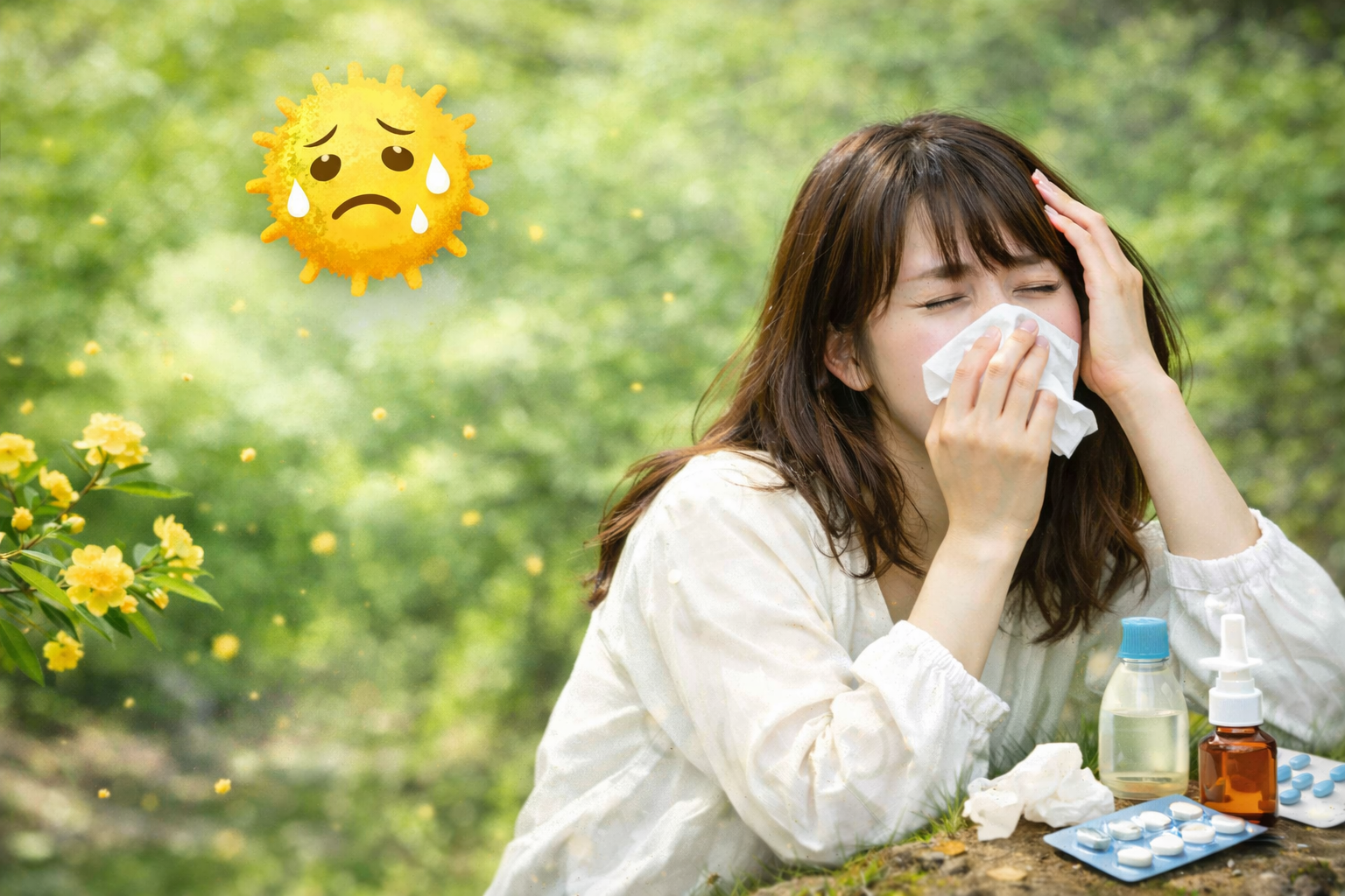 花粉症で鼻をかむ女性と、周囲に飛ぶ花粉。薬や点鼻薬のある風景。