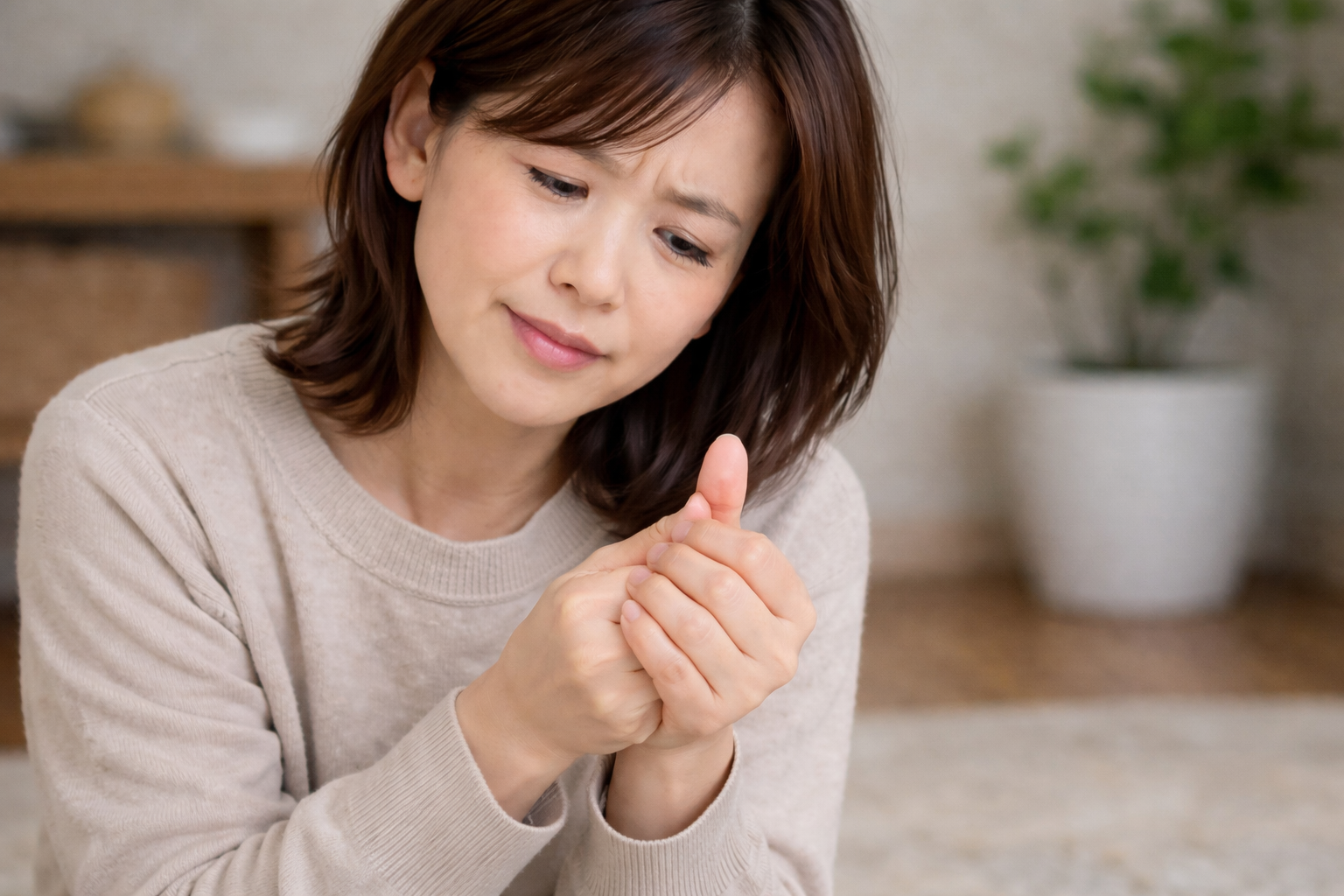 「親指の付け根を押さえ、不安そうな表情を浮かべる女性。ド・ケルバン病（狭窄性腱鞘炎）の症状に悩んでいる様子」