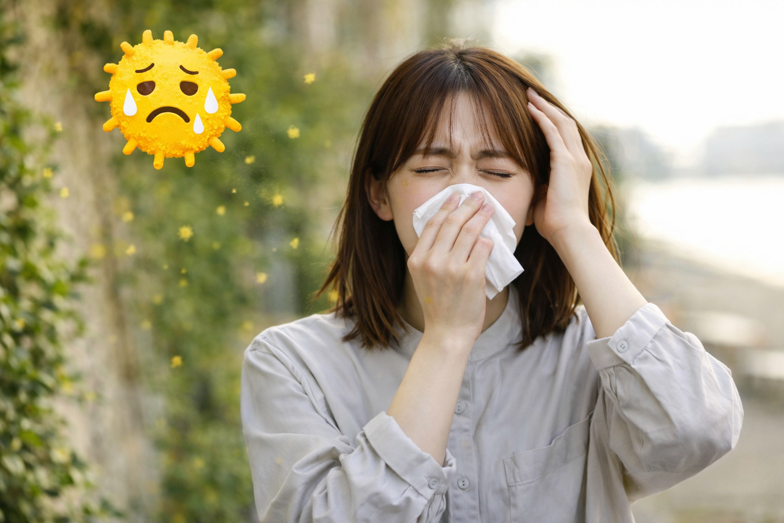 花粉症に苦しむ女性が屋外で鼻をかみ、頭を抱えている様子。花粉が舞い、つらい表情。 