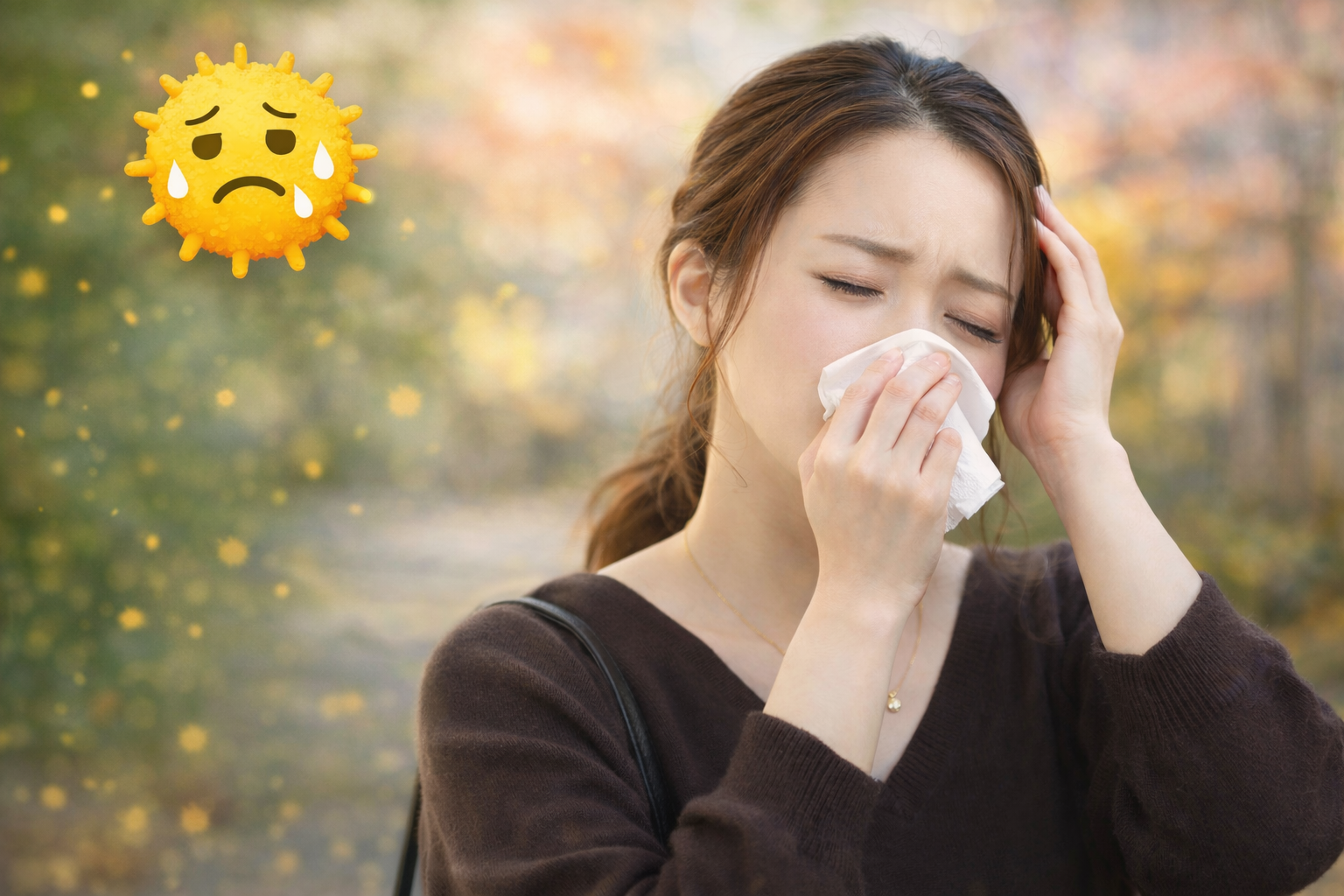 花粉症に悩む女性が鼻をかんでいる様子。春の花粉が舞い、つらそうな表情。