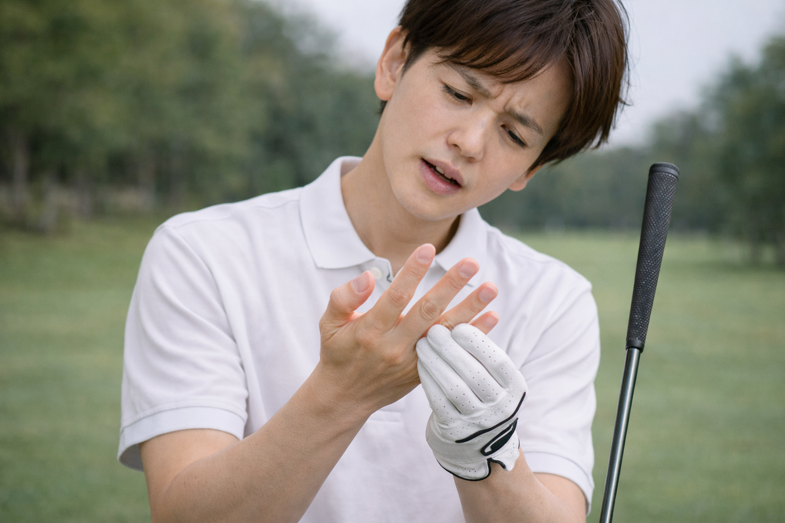「ゴルフ中に手首や指の痛みを訴える男性。手を使うスポーツによるTFCC損傷や腱の炎症を示唆するシーン」