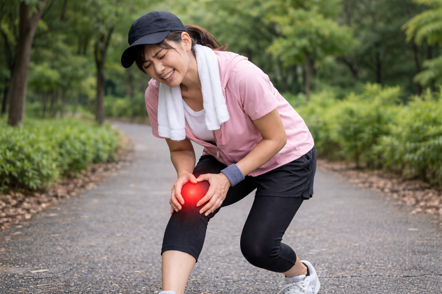 ウォーキング中に膝の内側に痛みを感じる女性|鵞足炎のイメージ