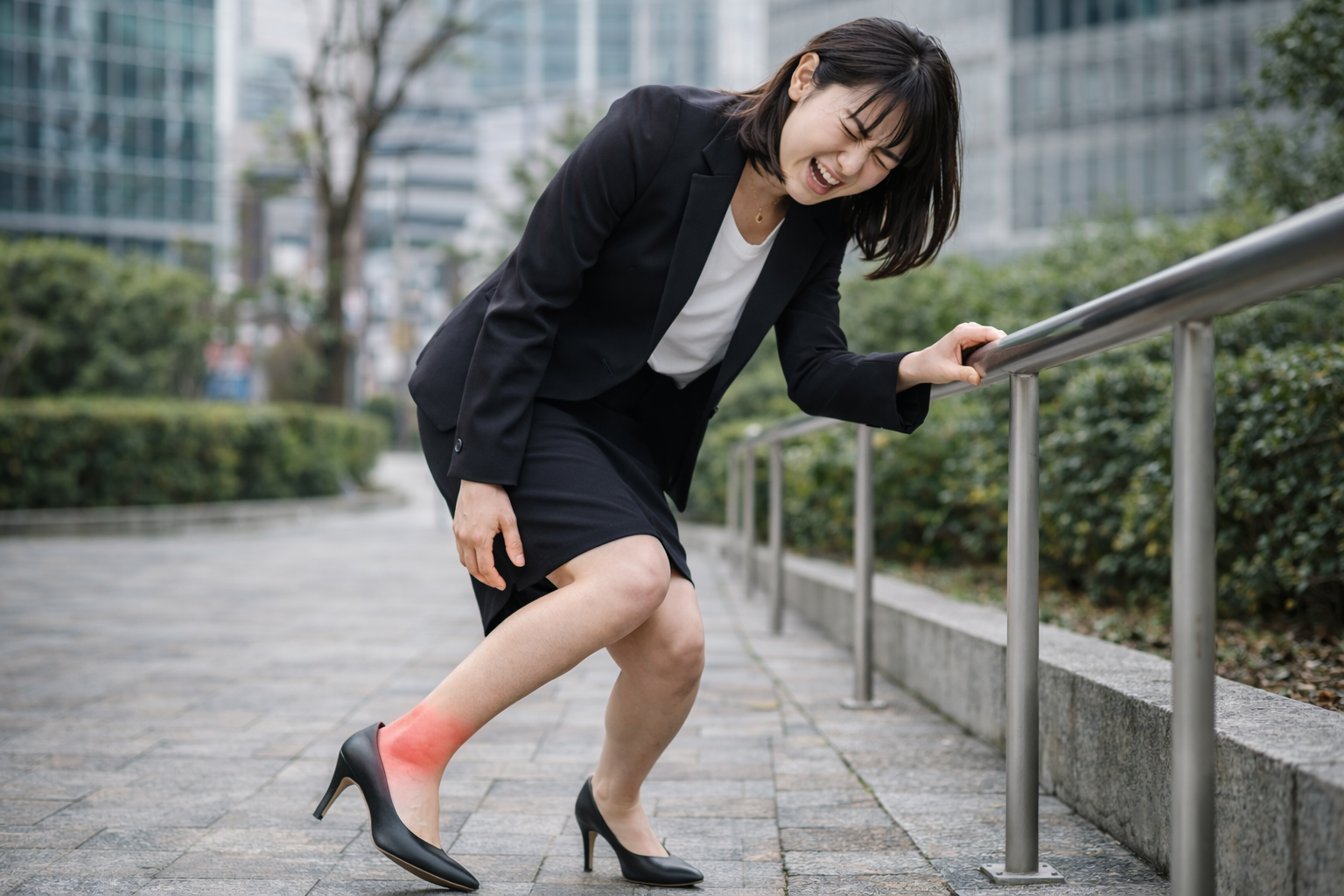 ヒールを履いて歩行中に足首をひねり、足関節の痛みに苦しむスーツ姿の女性。屋外で手すりにつかまりながら足首を押さえている。
