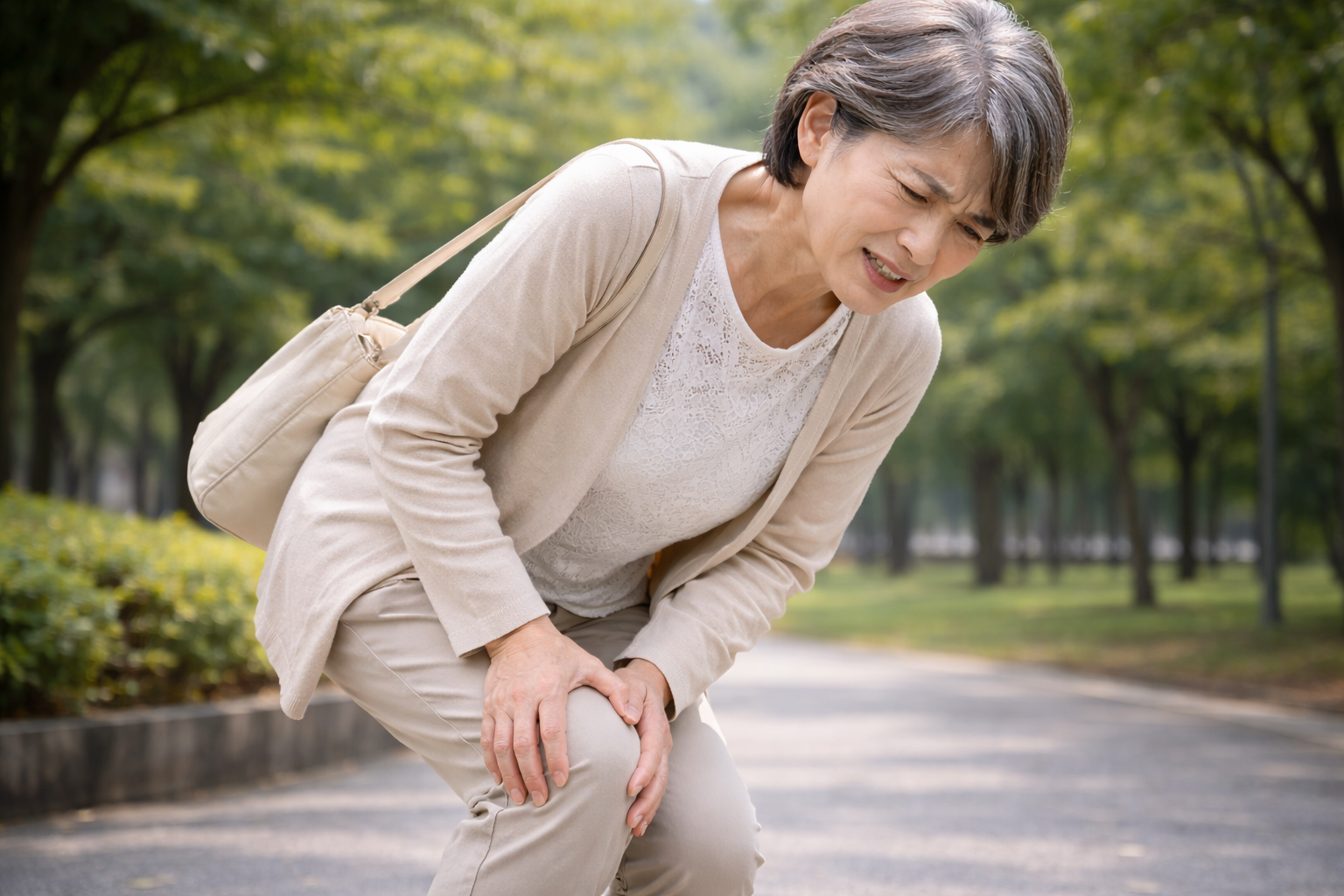 「屋外の公園で膝の痛みに耐える中高年の女性」