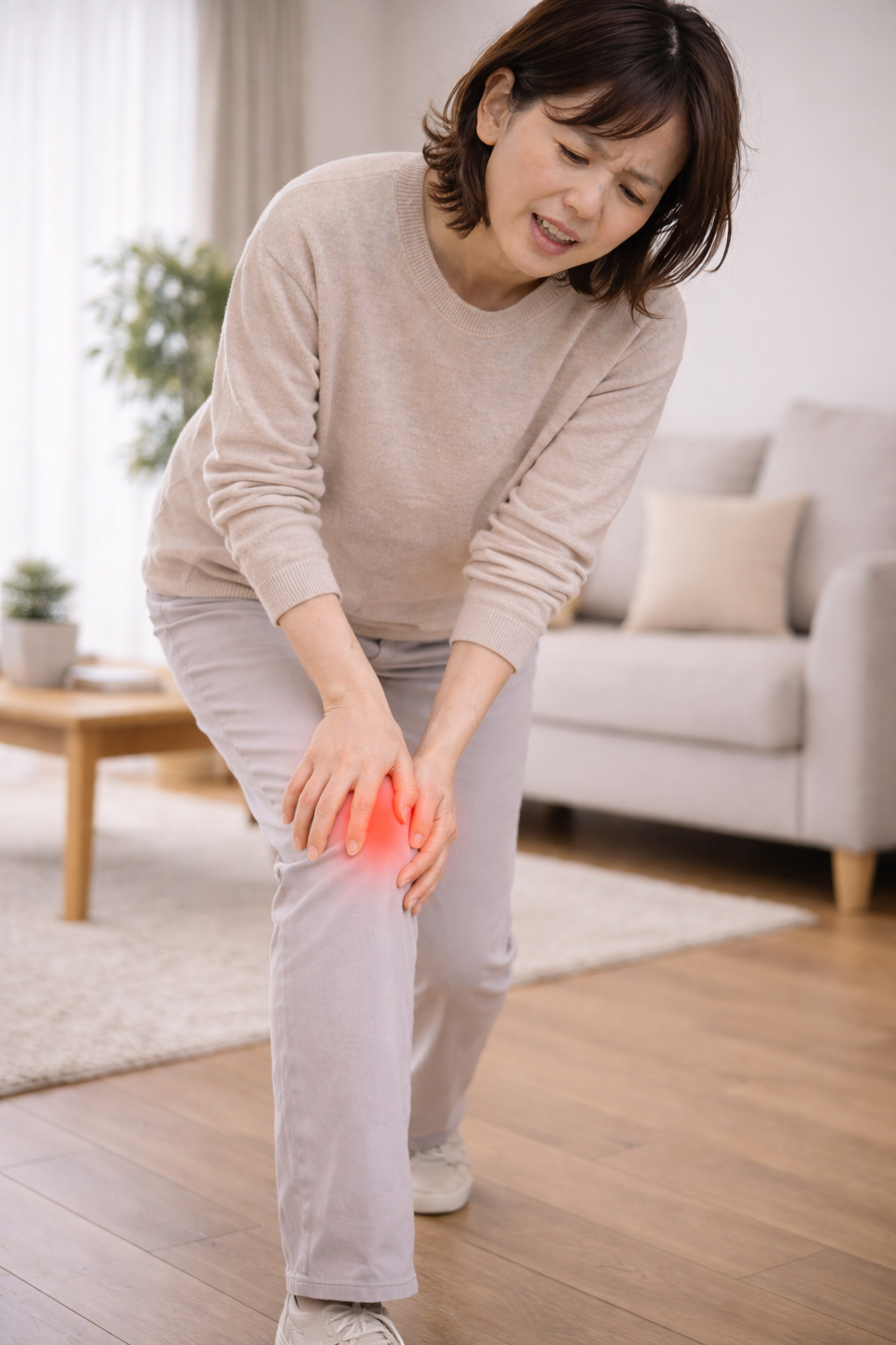 「自宅で膝の痛みに顔をゆがめ、手で押さえている女性。打撲による膝の痛みや炎症を訴えている様子」