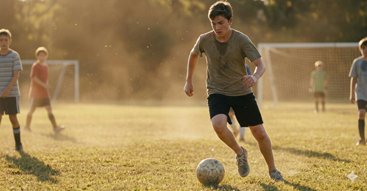「夕暮れのグラウンドでサッカーをプレーする少年。全力でドリブルをしている様子」
