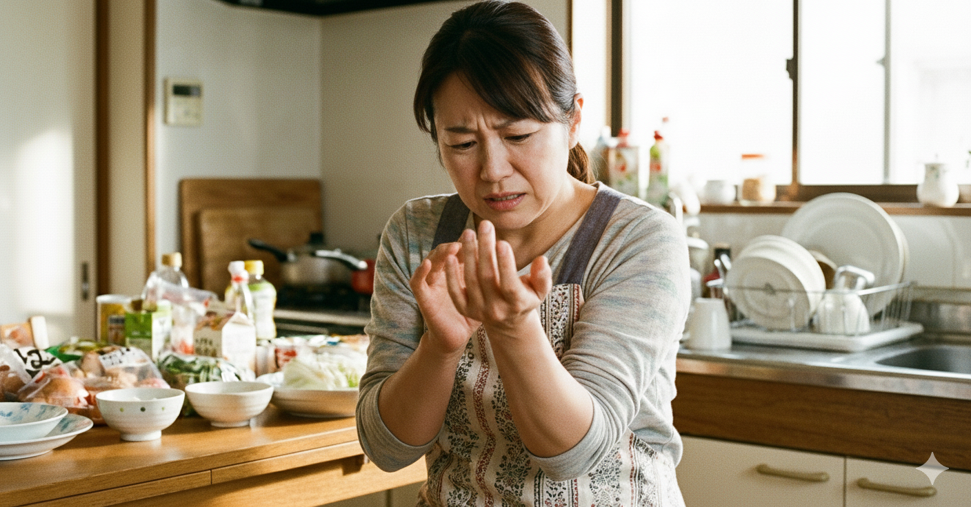 「キッチンで小指や薬指のしびれを気にする中年女性。肘部管症候群による神経障害や手指の感覚異常を訴える様子」