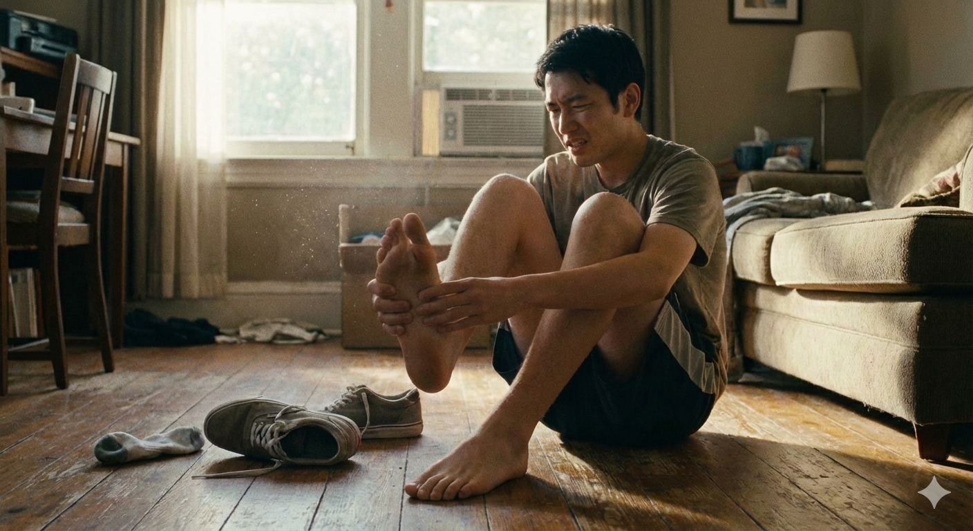 「成長期の子どもが足の内側(土踏まず付近)を押さえて痛みを訴えている様子。有痛性外脛骨のイメージ」