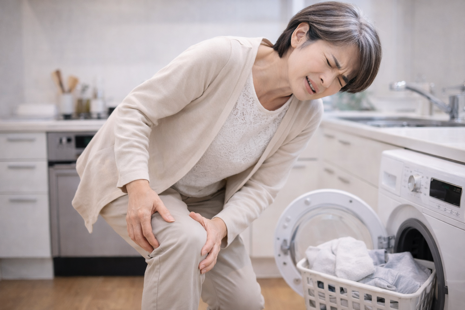 「洗濯中に膝の痛みを感じて動作を止める中高年の女性」
