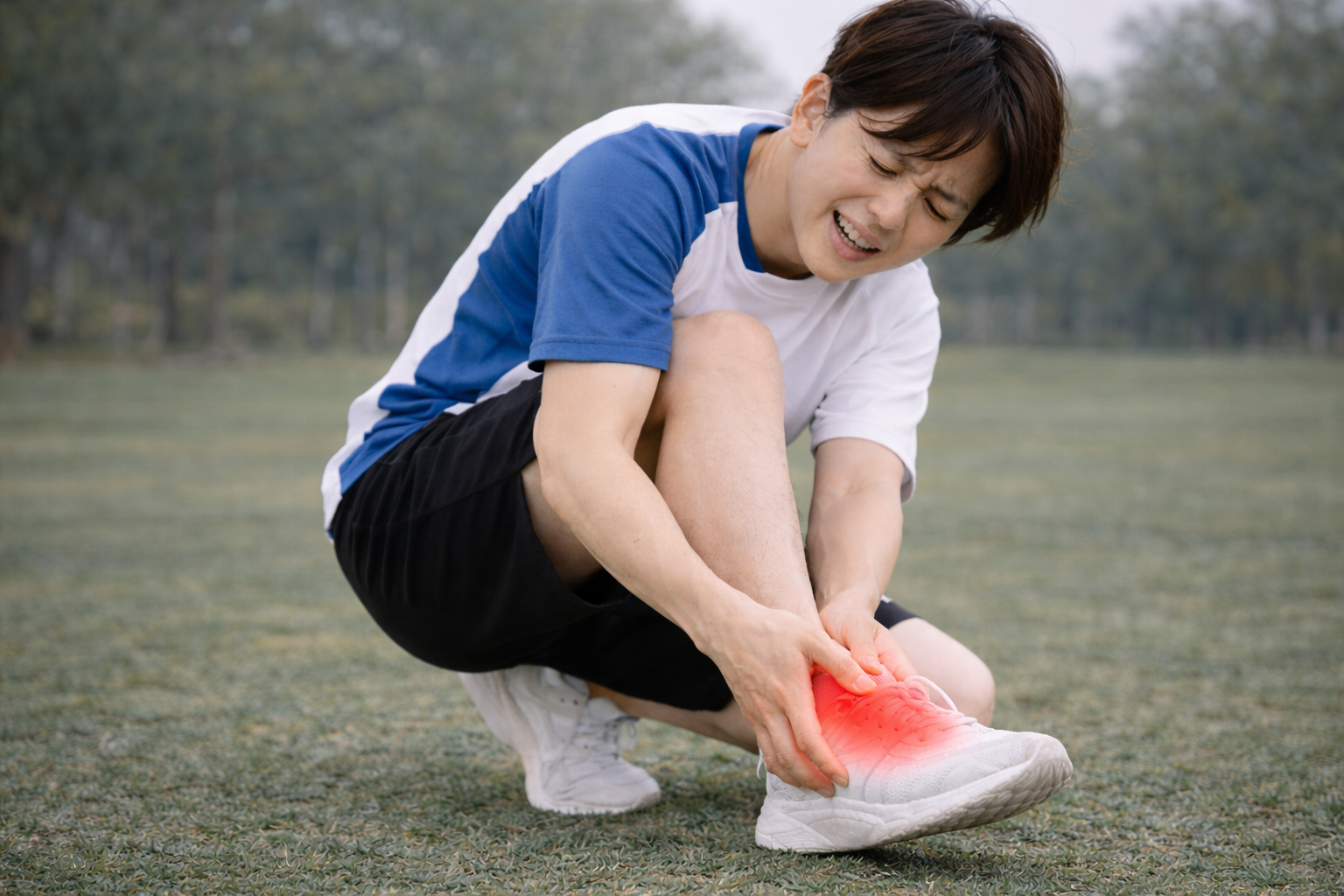 「運動中に足の甲が痛くなり、痛みでうずくまる若い男性」