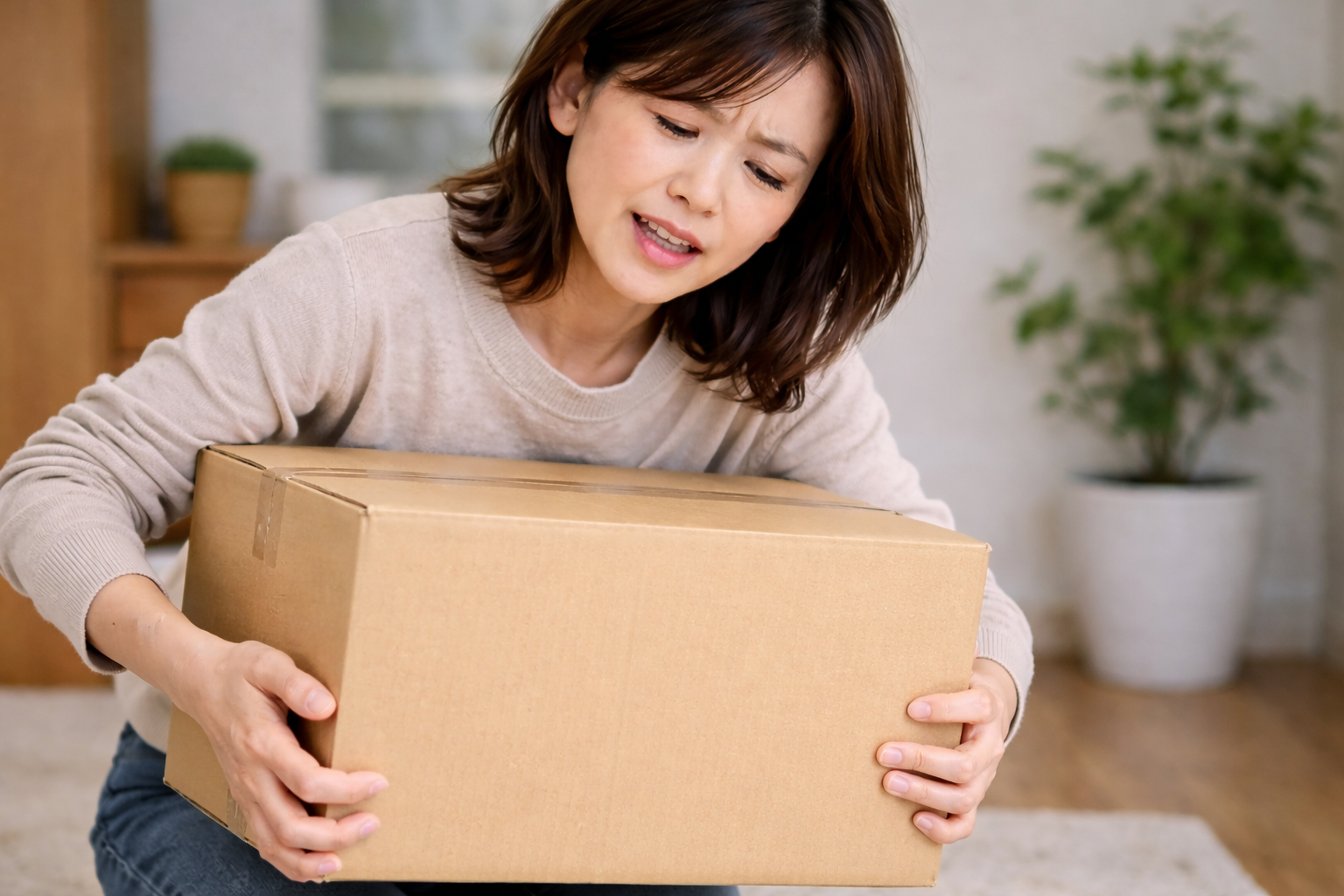 「重い段ボールを持ち上げようとして手首に痛みを感じている女性。ド・ケルバン病（狭窄性腱鞘炎）による動作時の痛みを表現したシーン」