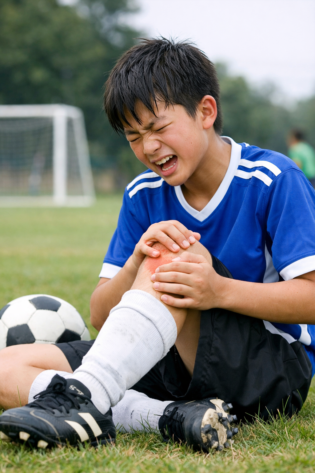成長期のサッカー少年が膝の下の痛みを訴えて座り込む様子。オスグッド病（膝のスポーツ障害）の典型的な症状イメージ。