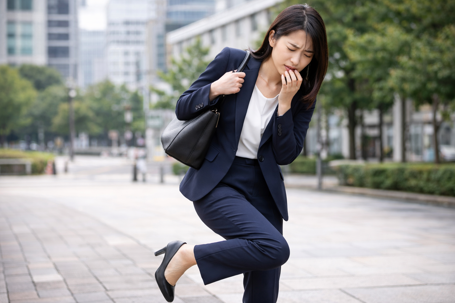 ヒールを履いた女性が足の痛みに苦しみながら路上で足を押さえている様子。モートン病や足裏のトラブルを連想させるシーン 