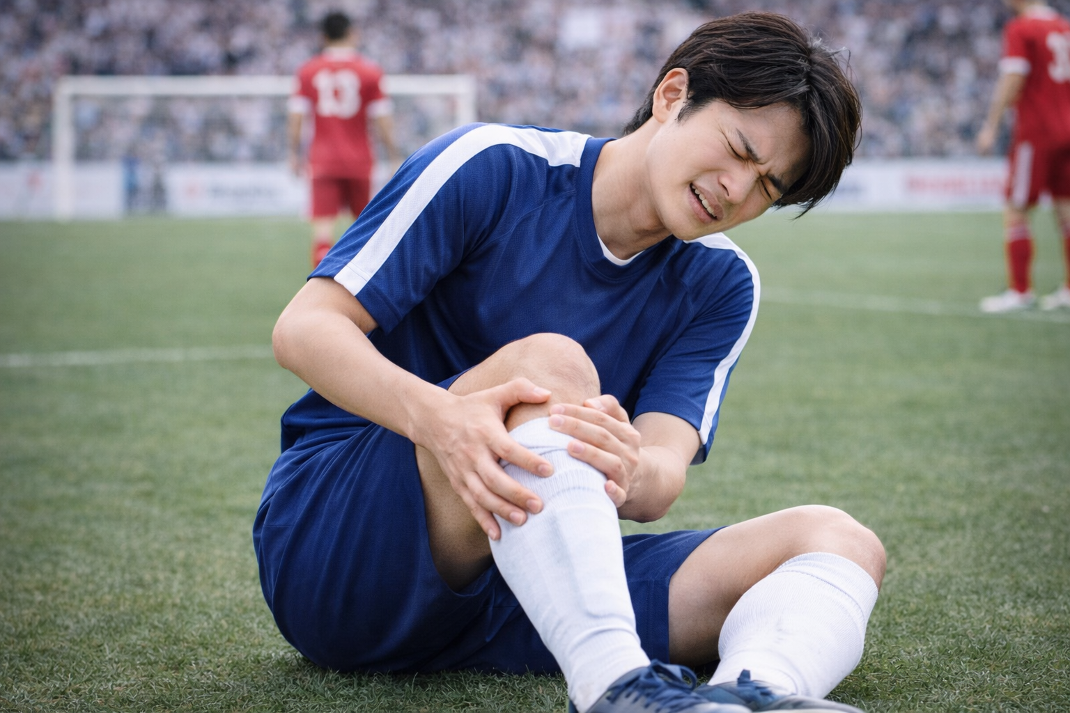 「サッカーの試合中に膝を押さえてうずくまる男性選手」