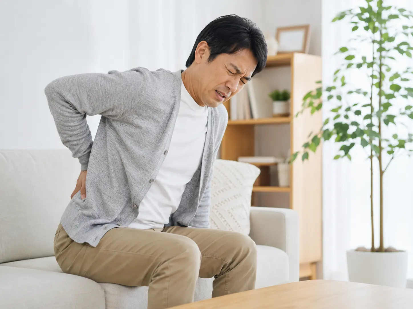 ソファから立ち上がる時に腰を押さえて痛みを感じている日本人男性。日野市で腰痛や慢性腰痛に悩む方へ向けたブログ用画像