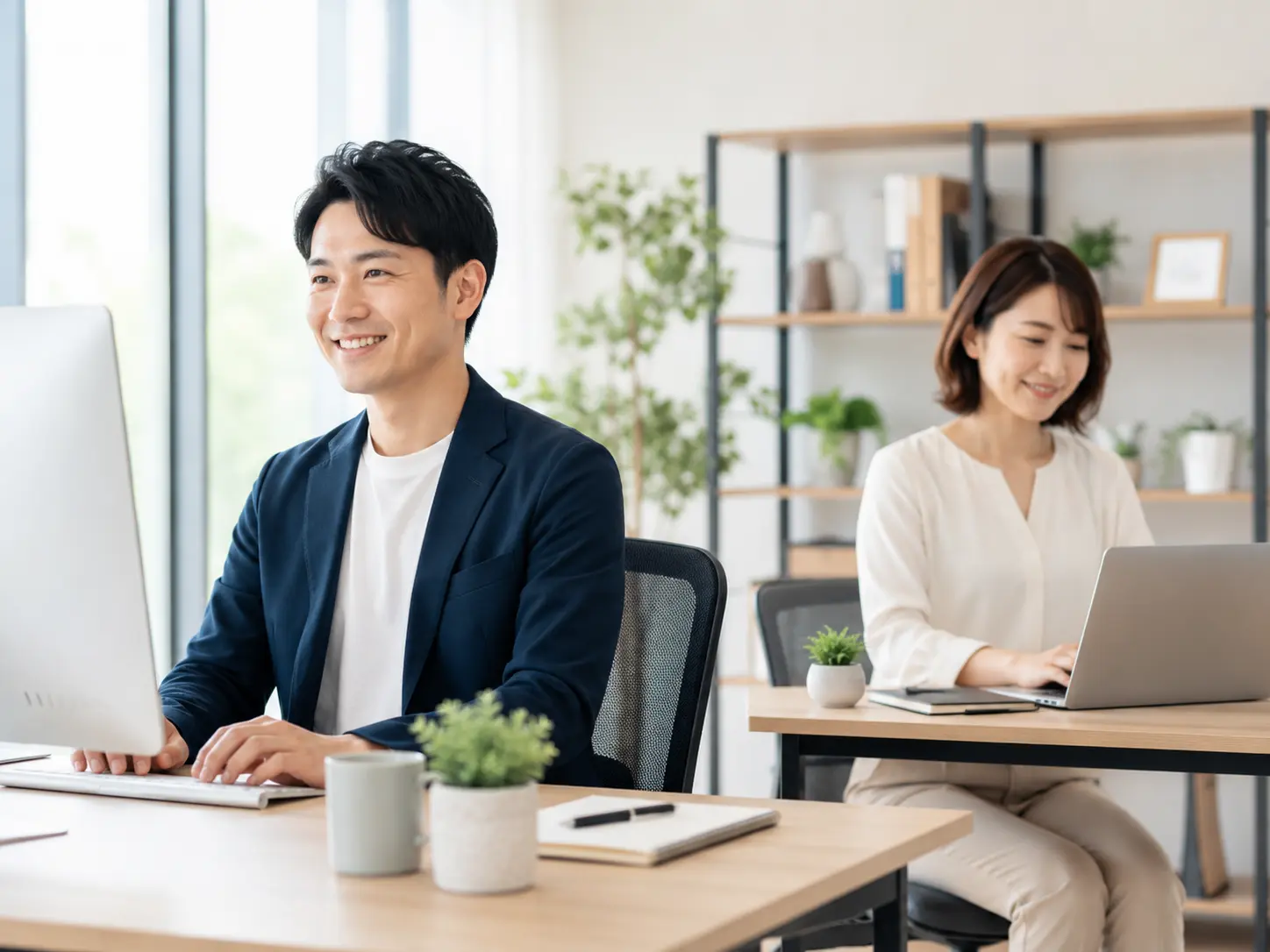 オフィスで長時間デスクワークをしている日本人の男女。日野市で整骨院を探している腰痛や座り姿勢の悩みがある方へ向けたブログ用画像