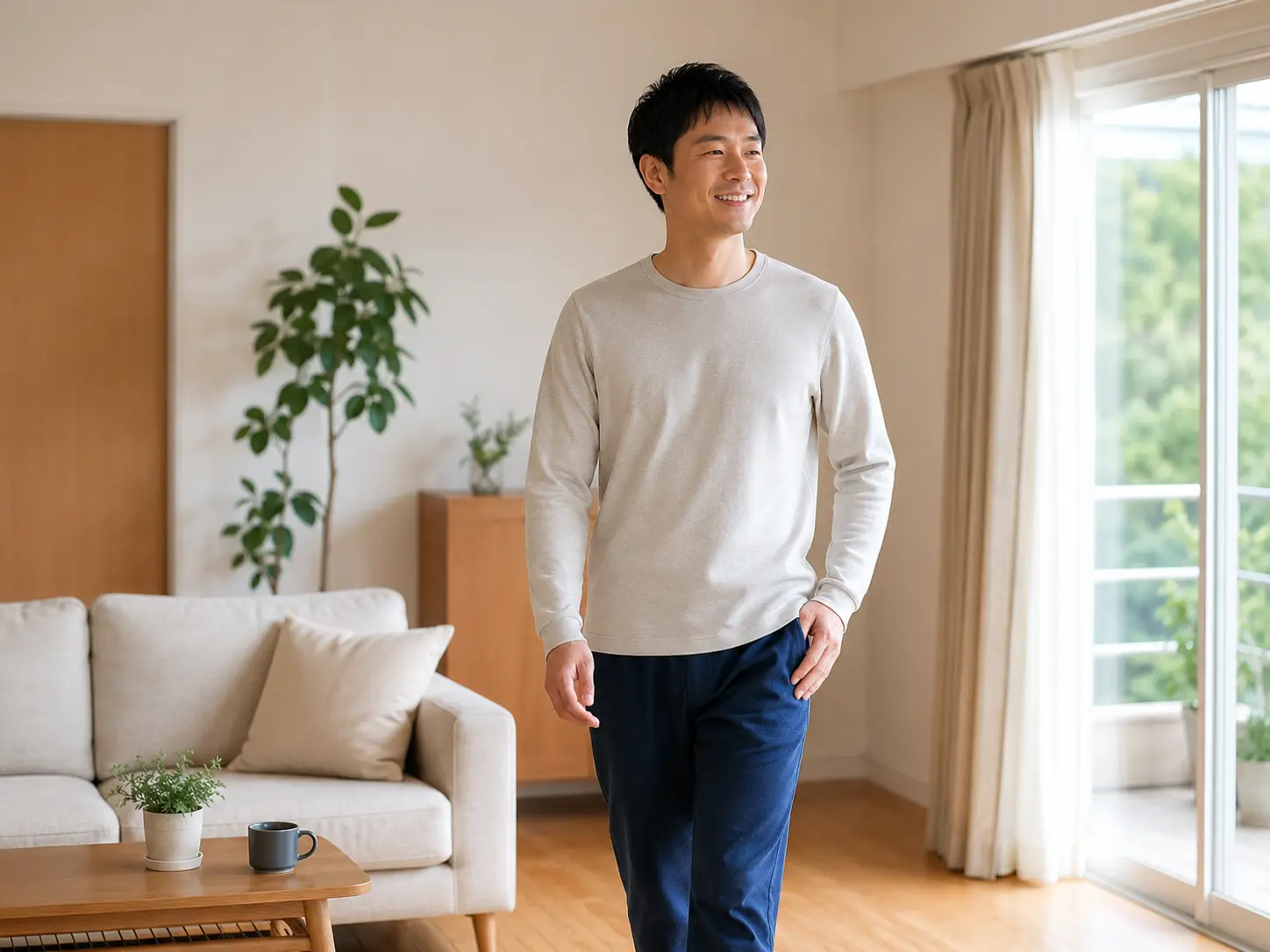 腰の痛みが和らぎ、明るい表情で歩く男性。痛みの動作が定まらない腰痛の改善イメージ