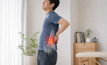 腰を反らした際に腰へ手を当て、腰椎周辺の痛みに悩む男性