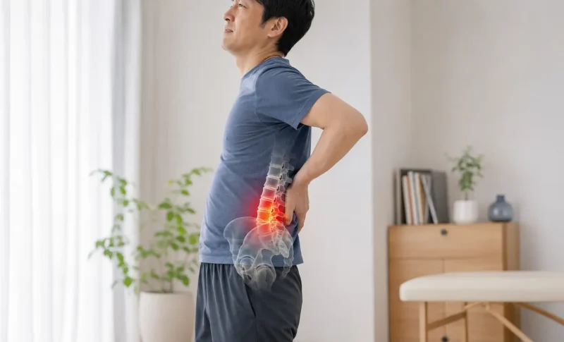 腰を反らした際に腰へ手を当て、腰椎周辺の痛みに悩む男性