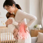 赤ちゃんを抱きながら腰に手を当て、産後の腰痛に悩む女性