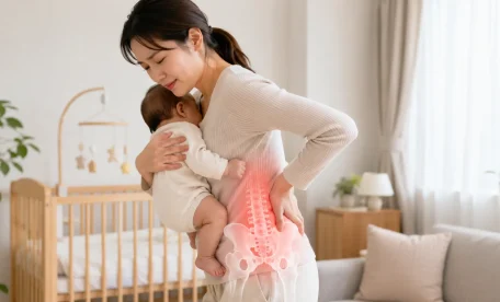赤ちゃんを抱きながら腰に手を当て、産後の腰痛に悩む女性