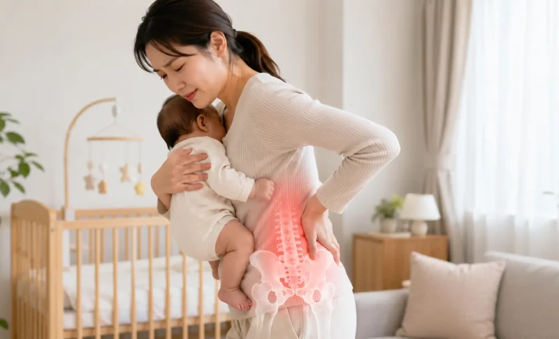 赤ちゃんを抱きながら腰に手を当て、産後の腰痛に悩む女性