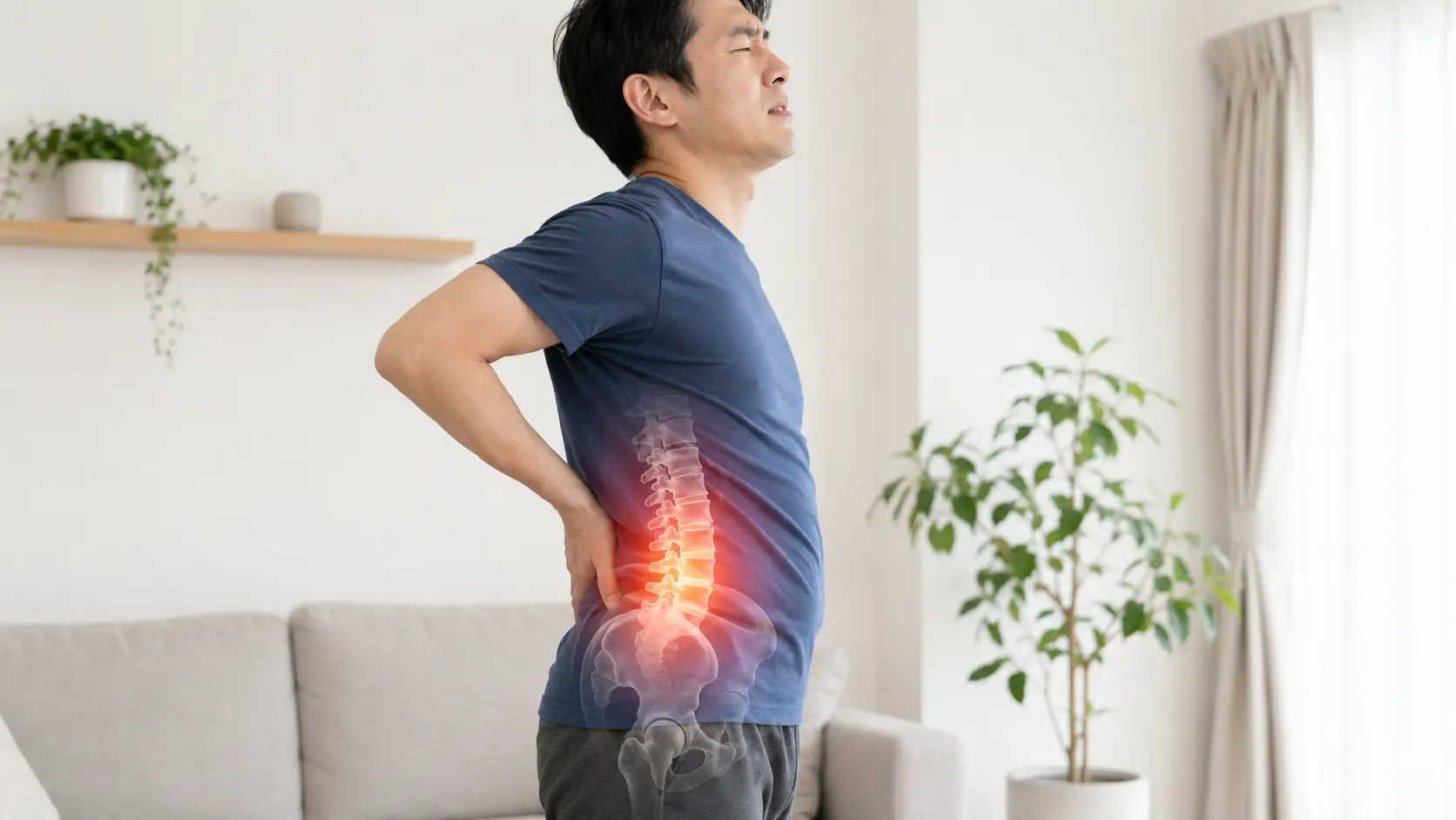 腰を反らしながら手を当て、腰椎から骨盤まわりの痛みに悩む男性。椎間関節性腰痛の説明画像