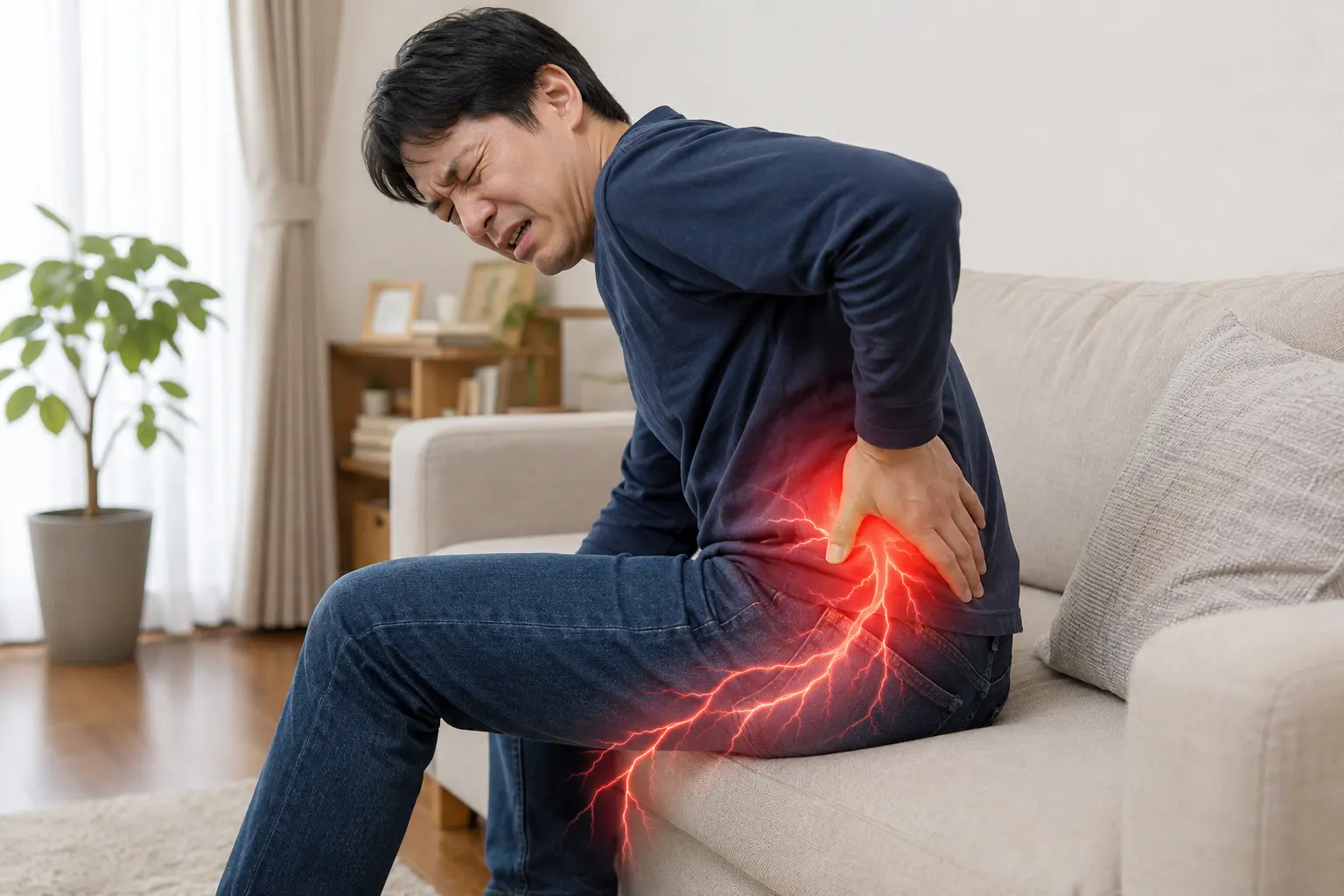 ソファに座った状態で腰を押さえ、腰からお尻・足にかけて神経のような痛みやしびれを感じている日本人男性。日野市で坐骨神経痛や腰痛に悩む方へ向けたブログ用画像
