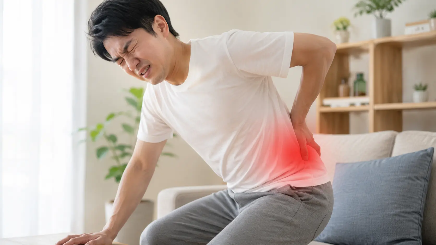 ソファから立ち上がる際に腰を押さえ、強い痛みを感じている男性