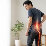 腰から臀部、脚にかけて広がる痛みに悩む男性と坐骨神経のイメージ