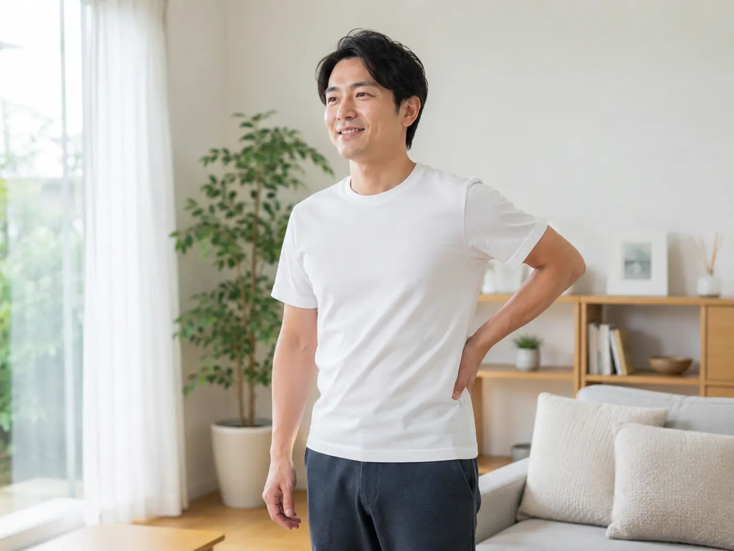 坐骨神経痛が改善し、腰まわりの痛みが軽くなって笑顔で立つ男性