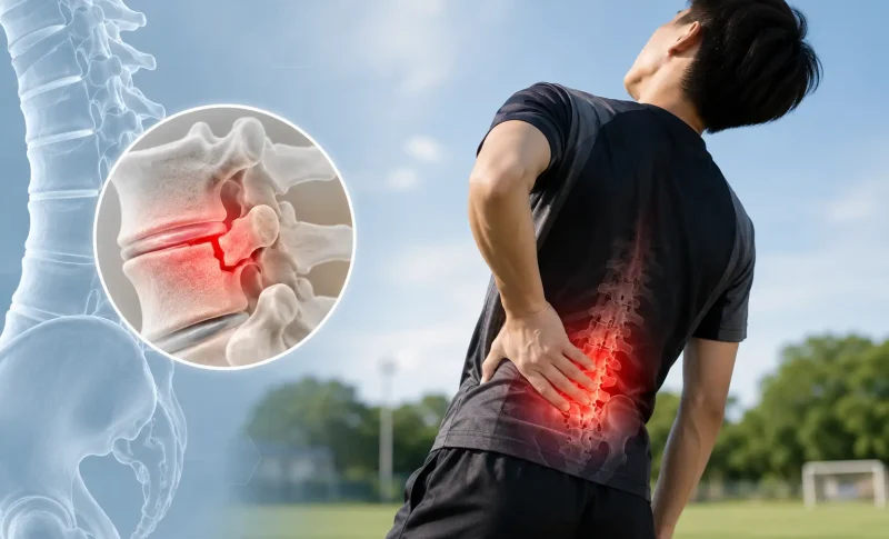 スポーツ中に腰を反らした際の痛みに悩む男性と、腰椎分離症のイメージ