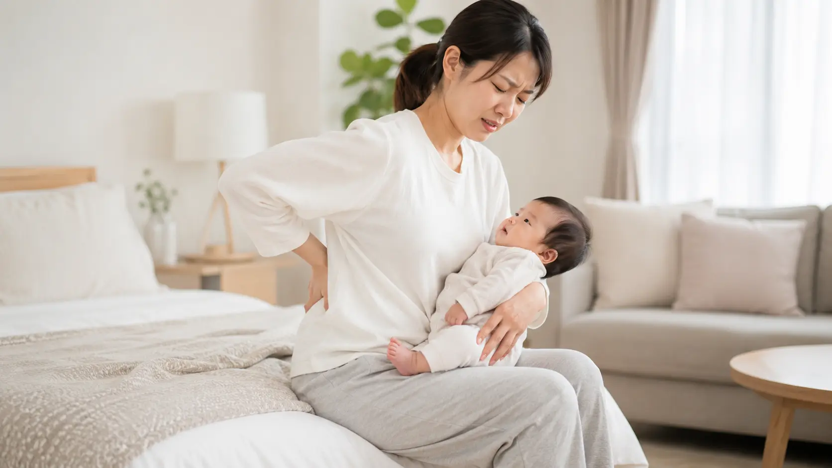 赤ちゃんを抱きながら腰を押さえ、産後の腰痛に悩む女性。日野市で産後腰痛に悩む方へ向けたブログ画像