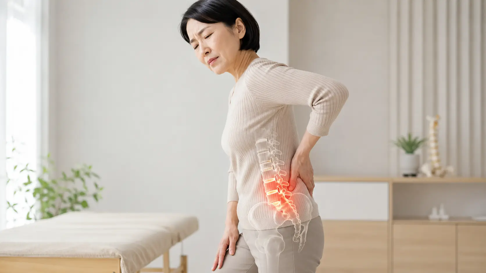 腰に手を当て、腰椎から骨盤まわりの痛みに悩む女性。腰椎すべり症による腰痛と姿勢の関係を解説