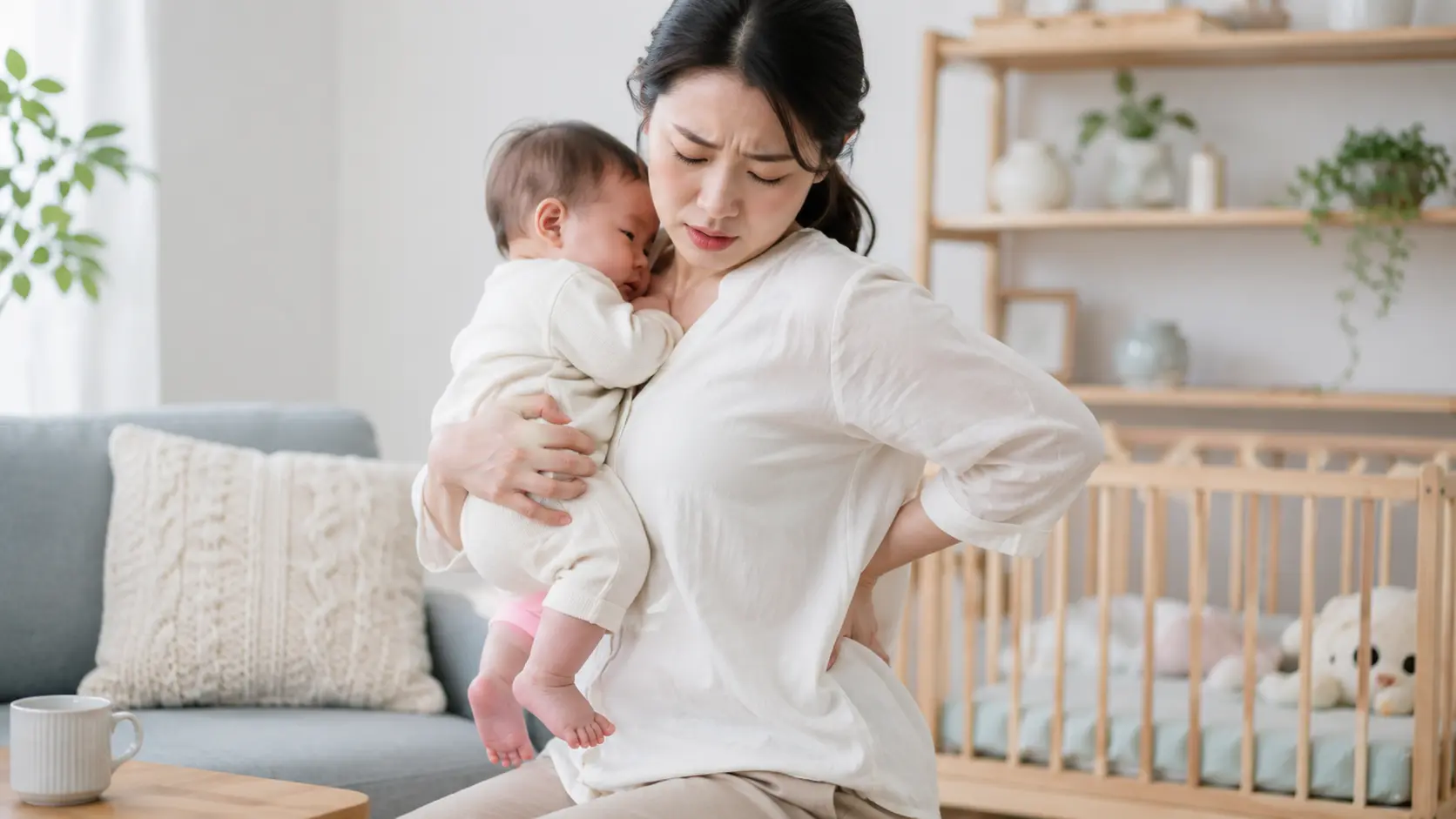 赤ちゃんを抱きかかえながら腰を押さえ、痛みを感じている女性。抱っこ姿勢と産後腰痛の関係を解説