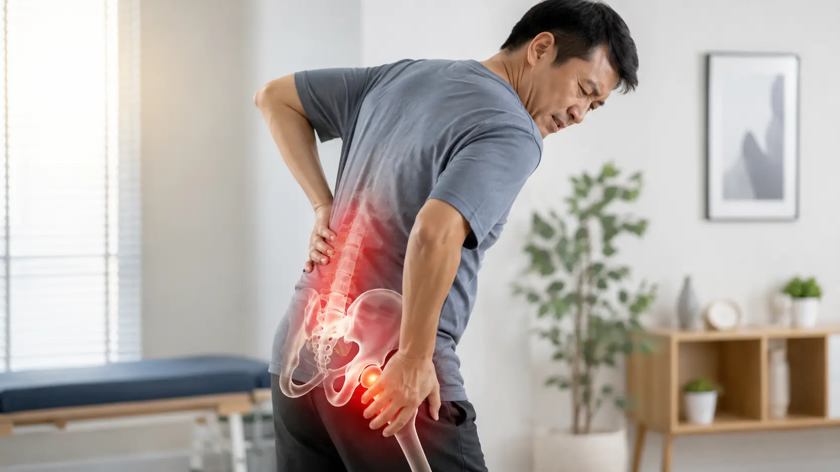 腰から股関節周辺の痛みに悩む男性と、腰椎・骨盤周辺の痛みを示すイメージ。日野市で股関節からくる腰痛に悩む方へ向けたブログ画像