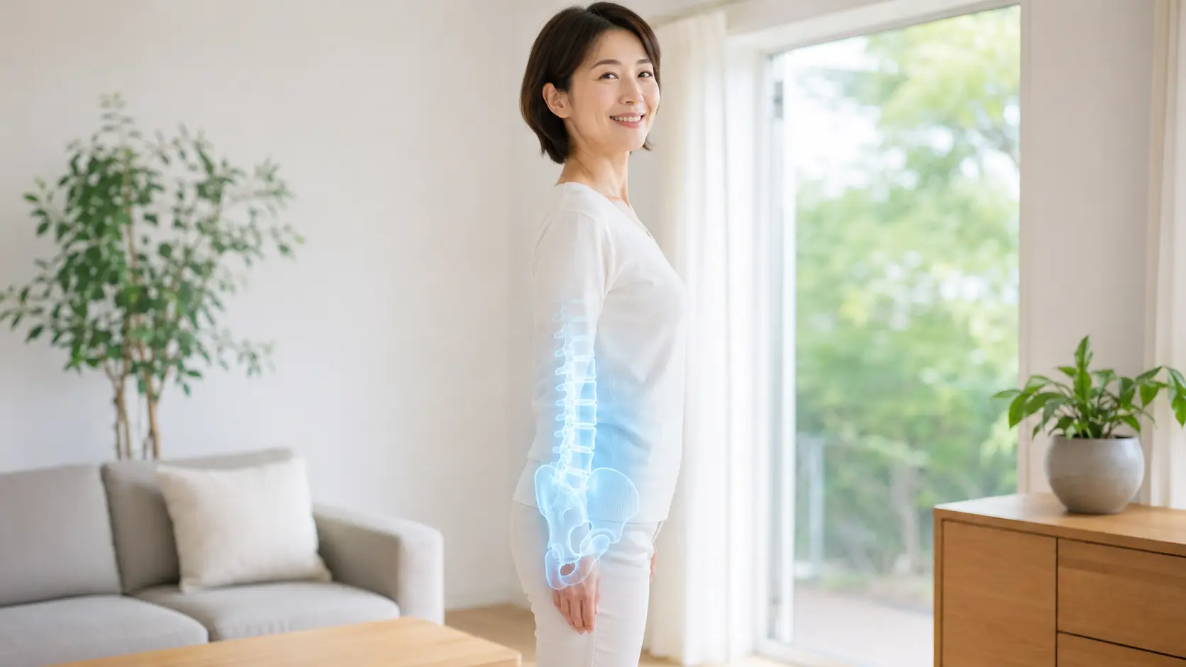 腰や骨盤まわりの状態が整い、自然な姿勢で笑顔を見せる女性。反り腰や腰痛の改善イメージ